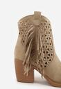 Ciemnobeżowe Ażurowe Botki Typu Kowbojki na Stożku Ozdobione Frędzlami Pentora