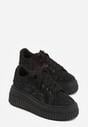Czarne Koronkowe Sneakersy na Platformie z Tłoczeniem i Brokatem Phisnell