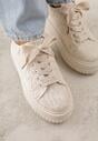 Beżowe Koronkowe Sneakersy na Platformie z Tłoczeniem i Brokatem Phisnell