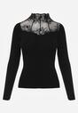 Czarny Sweter z Półgolfem z Wiskozą o Dopasowanym Kroju Zdobiony Koronką Oceanus