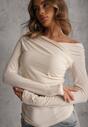 Beżowy Marszczona Bluzka z Bawełną i Dekoltem w Łódkę Orinlia