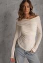Beżowy Marszczona Bluzka z Bawełną i Dekoltem w Łódkę Orinlia