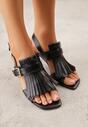 Czarne Sandały na Słupku z Frędzlami z Przodu Cahriana