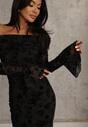 Czarna Wizytowa Sukienka VICES Off Shoulder z Kwiatowym Wzorem z Weluru Adrakharei