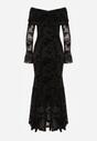 Czarna Wizytowa Sukienka VICES Off Shoulder z Kwiatowym Wzorem z Weluru Adrakharei
