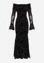 Czarna Wizytowa Sukienka VICES Off Shoulder z Kwiatowym Wzorem z Weluru Adrakharei