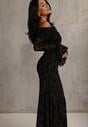 Czarna Wizytowa Sukienka VICES Off Shoulder z Kwiatowym Wzorem z Weluru Adrakharei