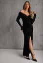 Czarna Sukienka z Weluru VICES Off Shoulder z Rozcięciem Elinesh