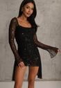 Czarna Dopasowana Sukienka VICES Zdobiona Cekinami i Wiązaniem Alethrolphi