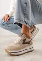 Beżowe Sneakersy na Platformie z Tweedowym Zdobieniem i Perforacją Dioseleia