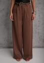 Brązowe Spodnie Szerokie z Dodatkiem Bawełny High Waist z Metaliczną Klamrą Azaerixis