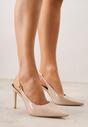 Beżowe Sandały Slingback na Szpilce z Lakierowanym Połyskiem i Aplikacją Phisvienne