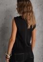 Czarna Wiskozowa Bluzka Bez Rękawów z Dzianiny Zdobiona Metaliczną Aplikacją Alutina