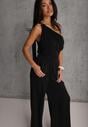 Czarny Koktajlowy Kombinezon Asymetryczny o Kroju na Jedno Ramię z Klamrą Hurinex