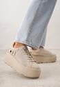 Beżowe Perforowane Sneakersy ze Skóry Naturalnej na Platformie i Koturnie Risyla