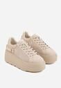 Beżowe Perforowane Sneakersy ze Skóry Naturalnej na Platformie i Koturnie Risyla