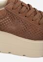 Brązowe Perforowane Sneakersy ze Skóry Naturalnej na Platformie i Koturnie Risyla