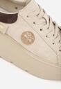 Beżowe Skórzane Sneakersy na Platformie z Aplikacją i Plecionym Paskiem Kaphophai