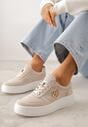 Beżowe Skórzane Sneakersy na Platformie z Metaliczną Aplikacją Idapheosis