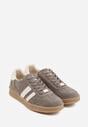 Ciemnobeżowe Skórzane Sneakersy Typu Tenisówki Ozdobione Paskami Brethanthei