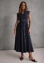 Granatowa Bawełniano-Wiskozowa Sukienka Koszulowa Bez Rękawów z Paskiem Athithoe