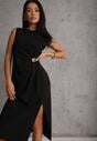 Czarna Sukienka z Wiskozą Bez Rękawów z Rozcięciem na Nogę i Ozdobą Kauri