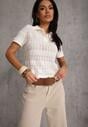 Beżowa Wiskozowa Bluzka z Szydełkowym Wzorem Kołnierzykiem i Guzikami Lasthythia