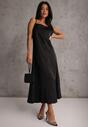 Czarna Bawełniano-Wiskozowa Sukienka Slip Dress z Ozdobną Narzutką Sagossia