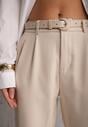 Beżowe Spodnie Cygaretki High Waist z Paskiem z Klamrą w Kształcie Półksięzyca Vikinai
