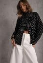 Czarna Falbaniasta Koszula z Wiskozy w Kropki ze Stójką Aegista