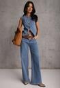 Niebieski Jeansowy Komplet z Bawełny Wide Leg Jeans i Kamizelka na Guziki Noena