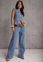 Niebieski Jeansowy Komplet z Bawełny Wide Leg Jeans i Kamizelka na Guziki Noena