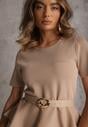 Beżowa Dzianinowa Bluzka Baskinka z Paskiem i Klamrą Megassa