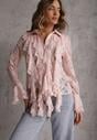 Różowa Wiskozowa Koronkowa Koszula z Bawełną i Falbanami  Oraeno