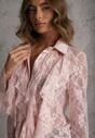 Różowa Wiskozowa Koronkowa Koszula z Bawełną i Falbanami  Oraeno