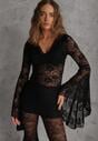 Czarna Bluzka z Koronki z Długimi Rozszerzanymi Rękawami Kielea