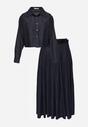 Granatowy Komplet z Bawełniano-Wiskozowej Imitacji Jeansu z Koszulą i Spódnicą z Paskiem Andaig