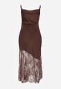 Brązowa Satynowa Sukienka o Asymetrycznym Kroju z Koronkowym Dołem Mellea
