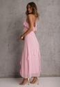 Różowa Elegancka Sukienka z Taliowaniem Wiązana na Plecach z Falbankami Ocyparia