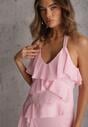 Różowa Elegancka Sukienka z Taliowaniem Wiązana na Plecach z Falbankami Ocyparia