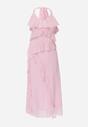 Różowa Elegancka Sukienka z Taliowaniem Wiązana na Plecach z Falbankami Ocyparia