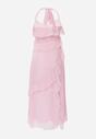 Różowa Elegancka Sukienka z Taliowaniem Wiązana na Plecach z Falbankami Ocyparia