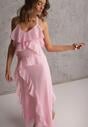 Różowa Elegancka Sukienka z Taliowaniem Wiązana na Plecach z Falbankami Ocyparia