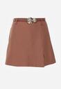 Brązowe Spódnico-Szorty High Waist Ozdobione Metaliczną Aplikacją i Paskiem Retness