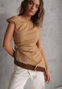 Beżowa Marszczona Asymetryczna Bluzka z Bawełny z Ozdobą 3D Thellike