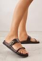 Ciemnobrązowe Klapki Ozdobione Paskami i Metaliczną Klamrą Ophiusi