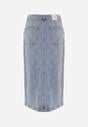 Niebieska Jeansowa Spódnica z Bawełny Zdobiona Printem w Romby i Rozcięciem Chrissna