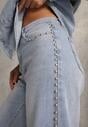 Niebieskie Szerokie Jeansy Ozdobione Nitami High Waist z Bawełną Typhele