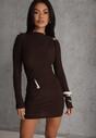 Brązowa Elegancka Sukienka Bodycon Zdobiona Marszczeniem i Aplikacjami Paphypso