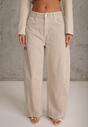 Beżowe Jeansy z Bawełny Typu Balloon High Waist Ozdobione Przeszyciami Eunaris